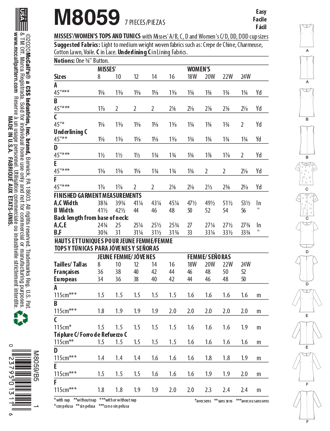 Patron McCall's n°8059 - Hauts et tuniques à enfiler