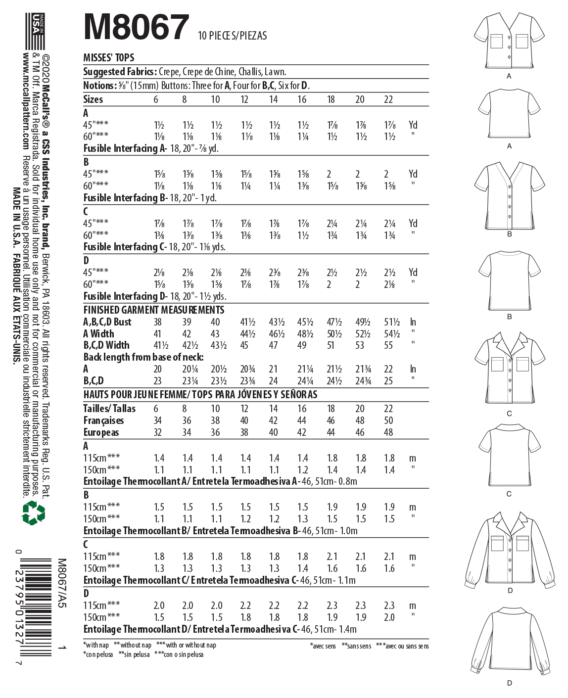 Patron McCall's n°8067 - Chemisier boutonné pour femme