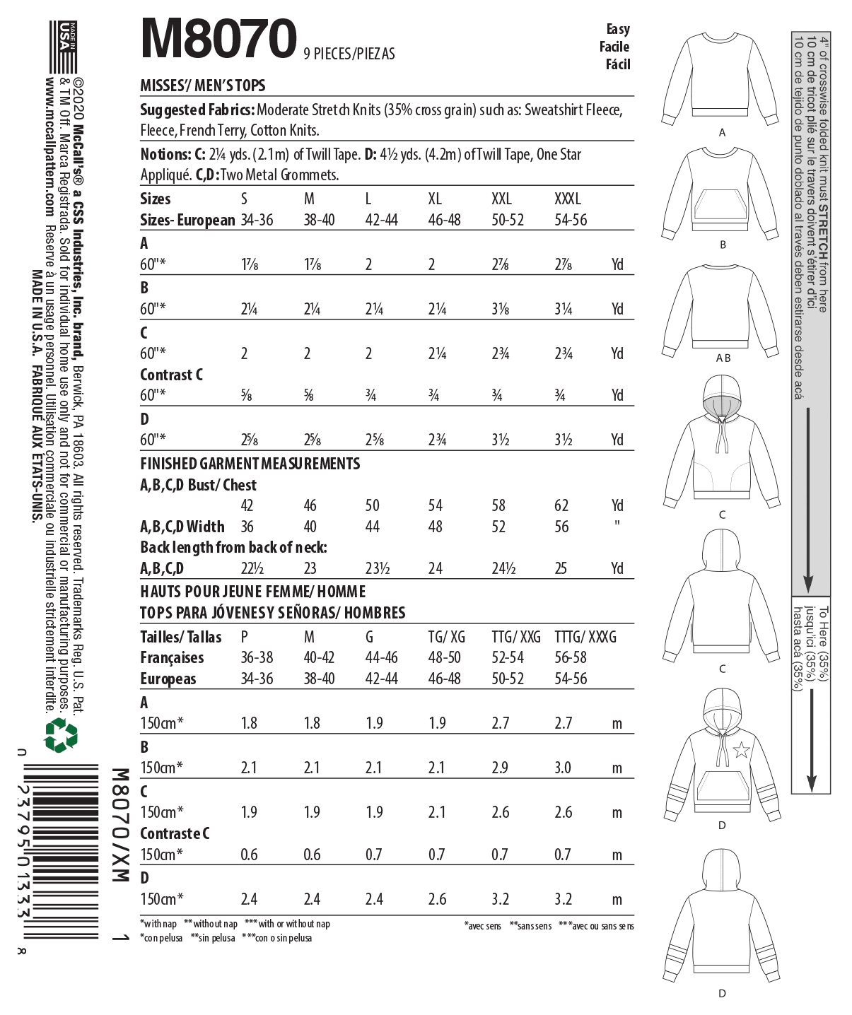Patron McCall's n°8070 - Sweat unisexe à capuche ou col rond