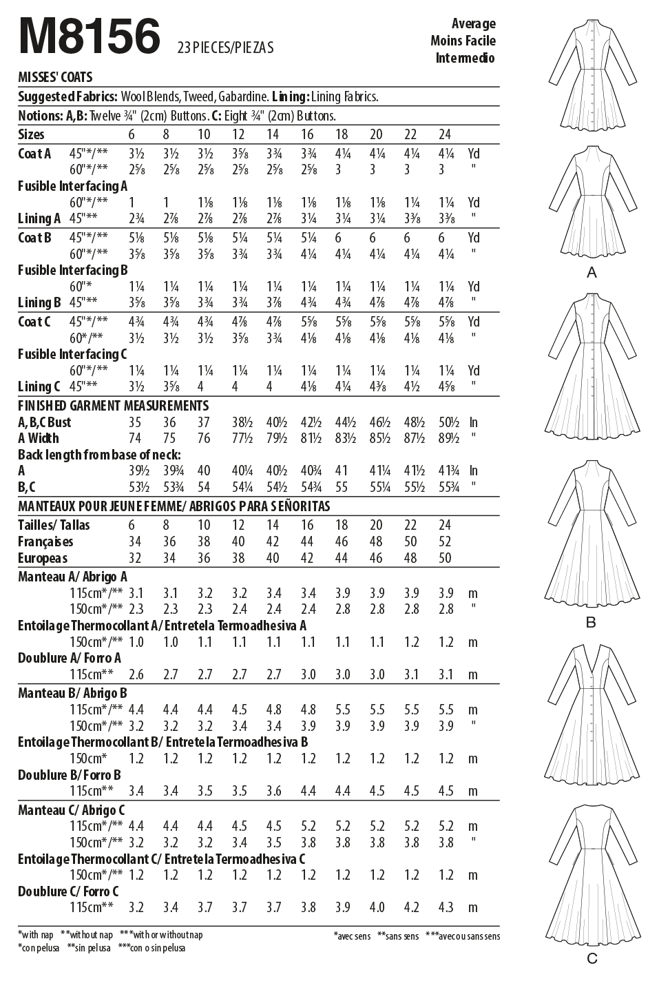 Patron McCall's n°8156 - Manteau ajusté avec col montant ou en V