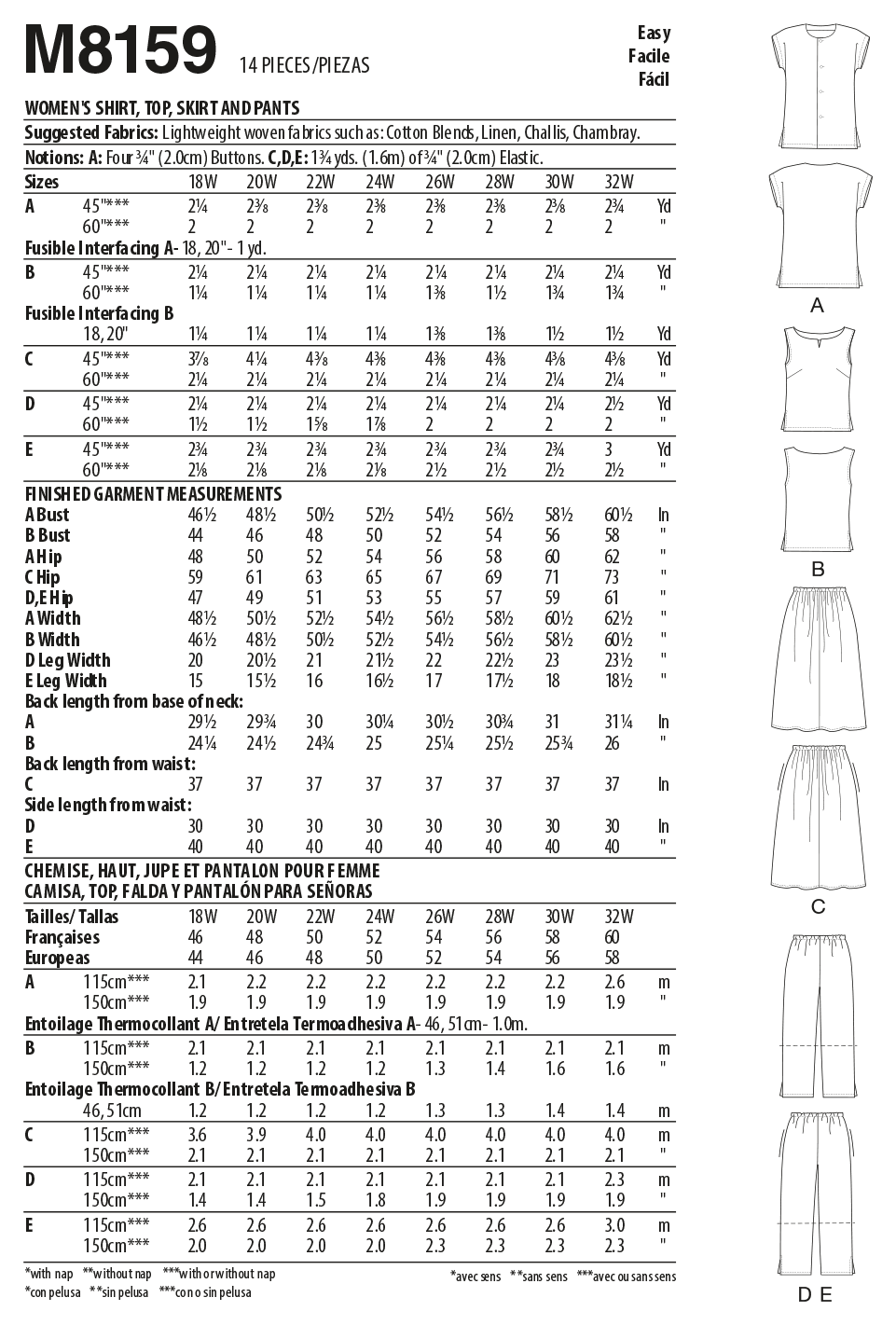 Patron McCall's n°8159 - Ensemble chemise, haut, jupe et pantalon