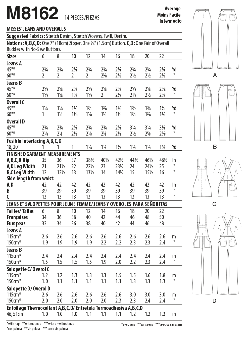 Patron McCall's n°8162 - Jeans et salopettes ajustés avec variations