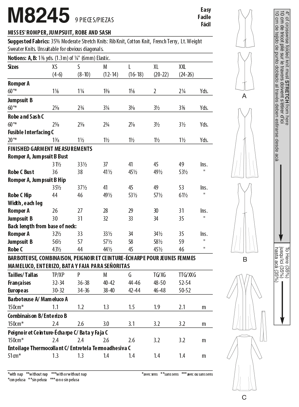 Patron McCall's n°8245 - Barboteuse, combinaison, robe et ceinture pour femmes