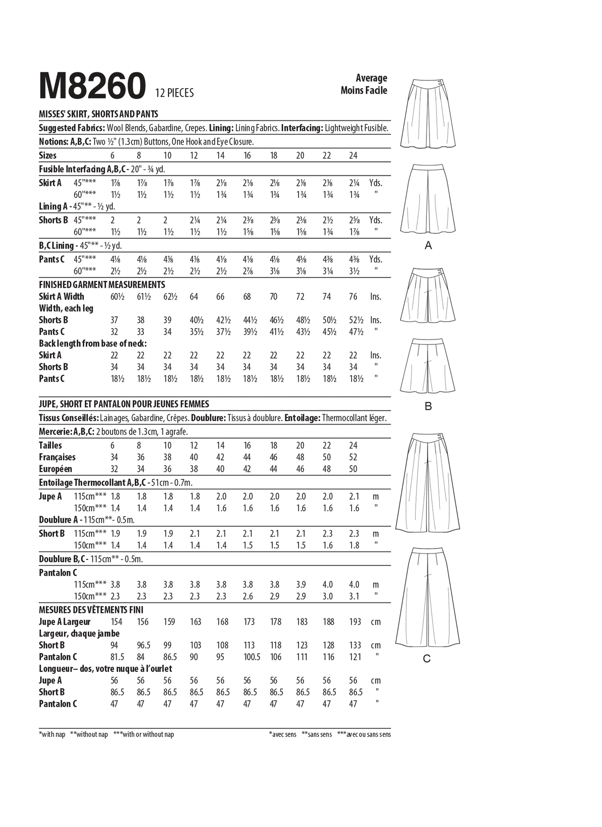 Patron McCall's n°8260 - Jupe, short et pantalon pour femmes