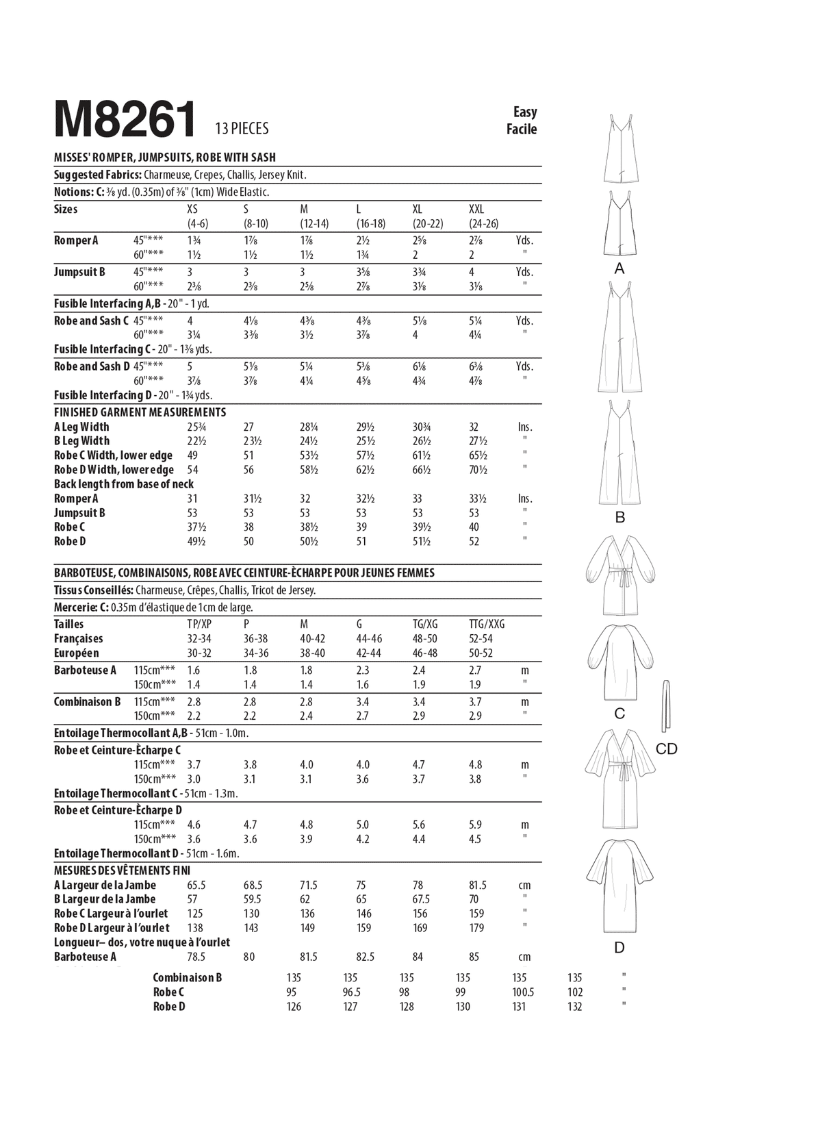 Patron McCall's n°8261 - Barboteuse, combinaison et robe avec ceinture
