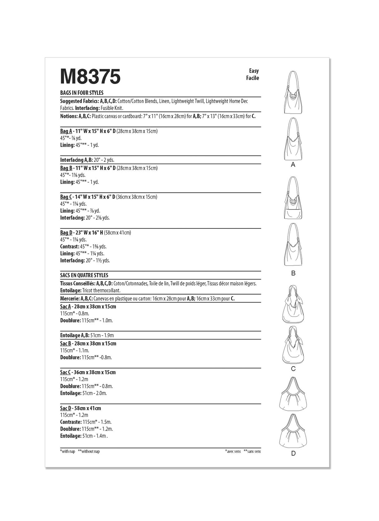 Patron McCall's n°8375 - Sacs en quatre styles