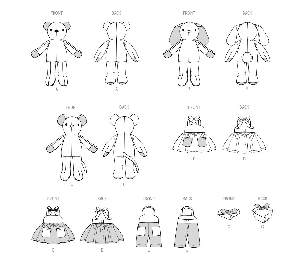 Patron McCall's n°8422 - Peluches ours, lapin et souris avec vêtements
