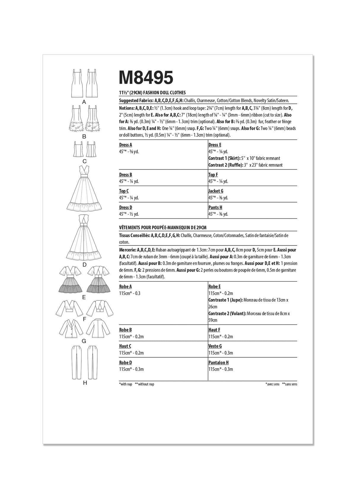 Patron McCall's n°8495 - Vêtements pour poupée mannequin de 29,5 cm