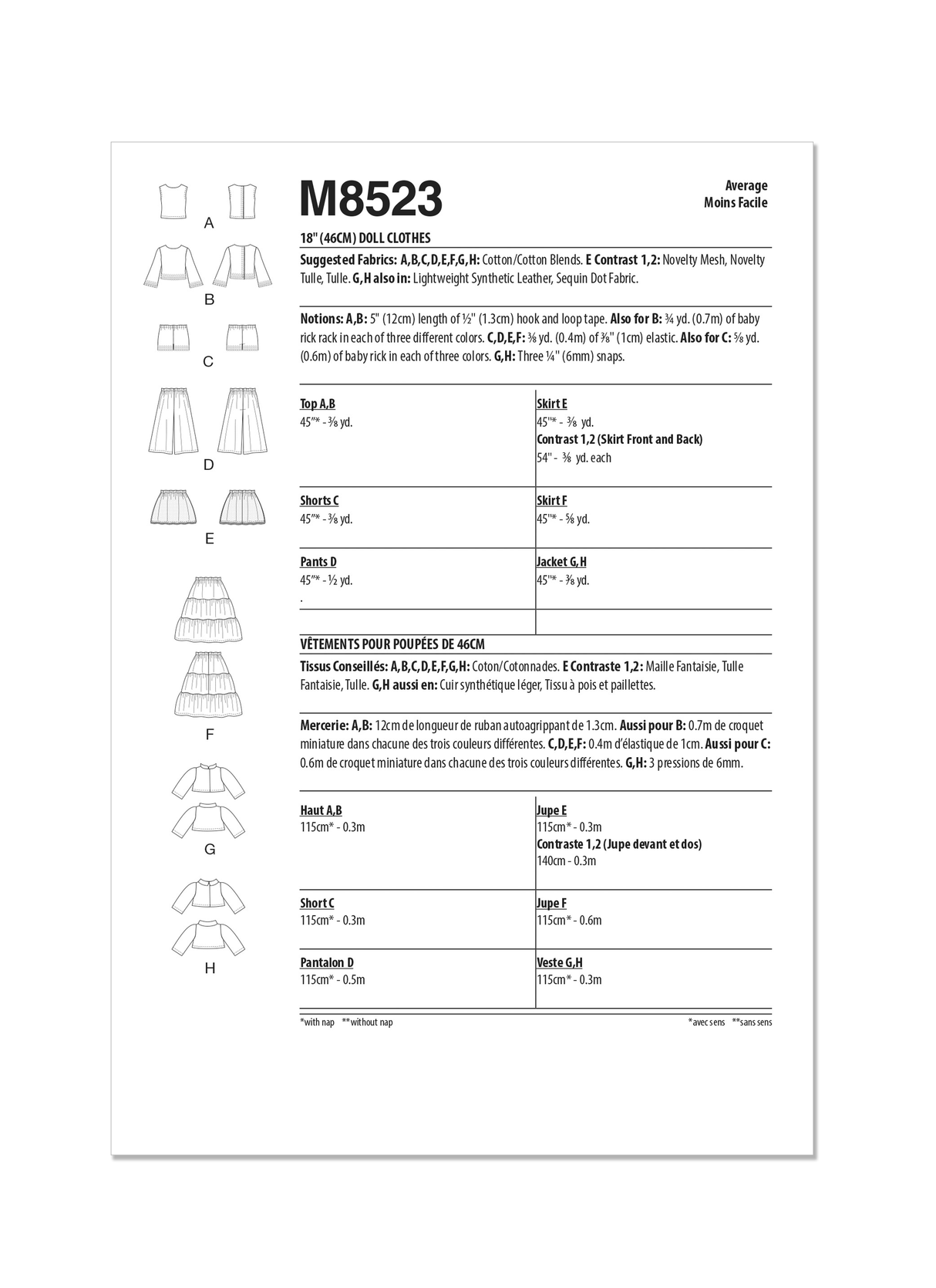 Patron McCall's n°8523 - Vêtements pour poupées de 18 pouces