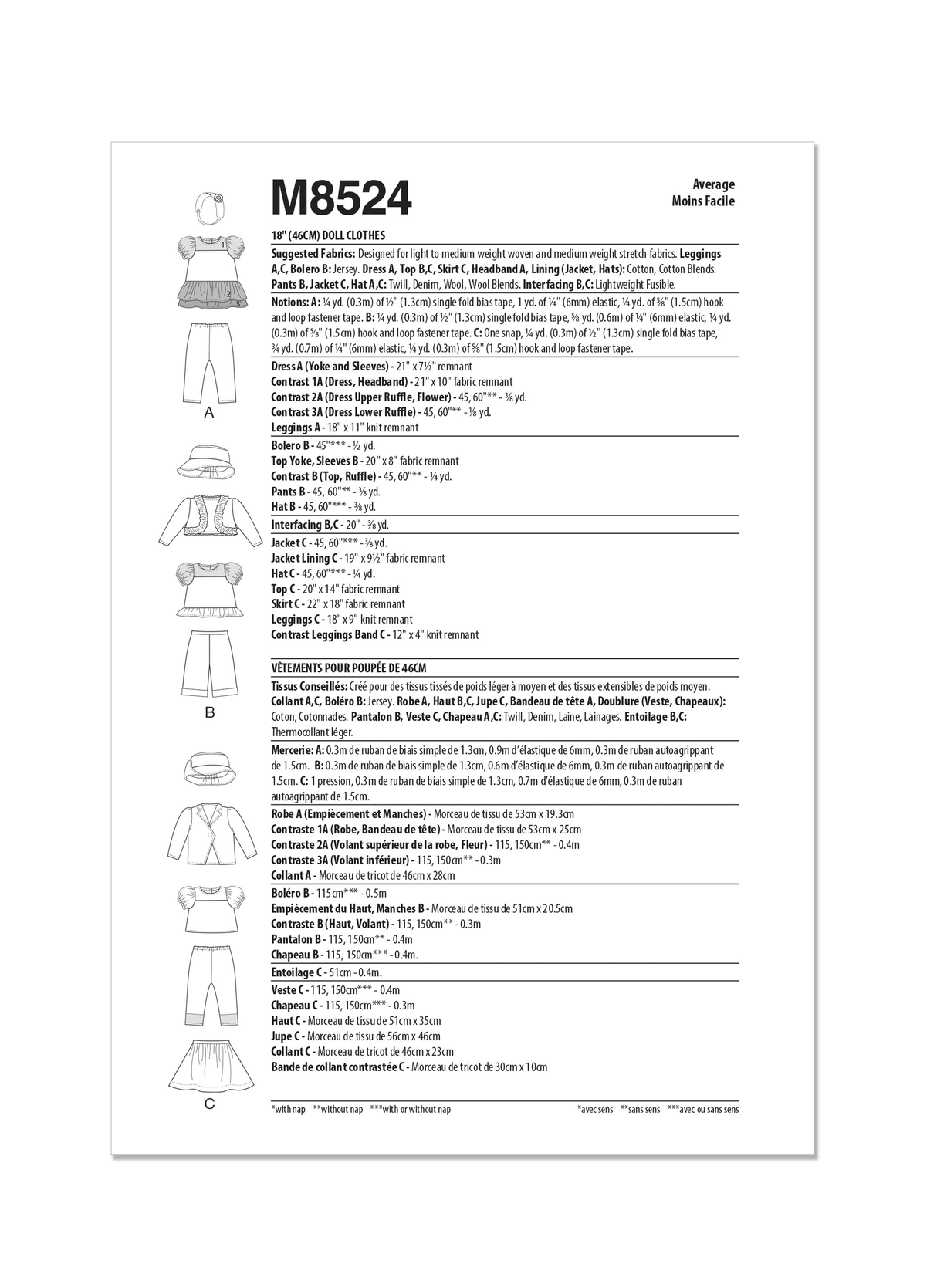 Patron McCall's n°8524 - Vêtements pour poupées de 18 pouces