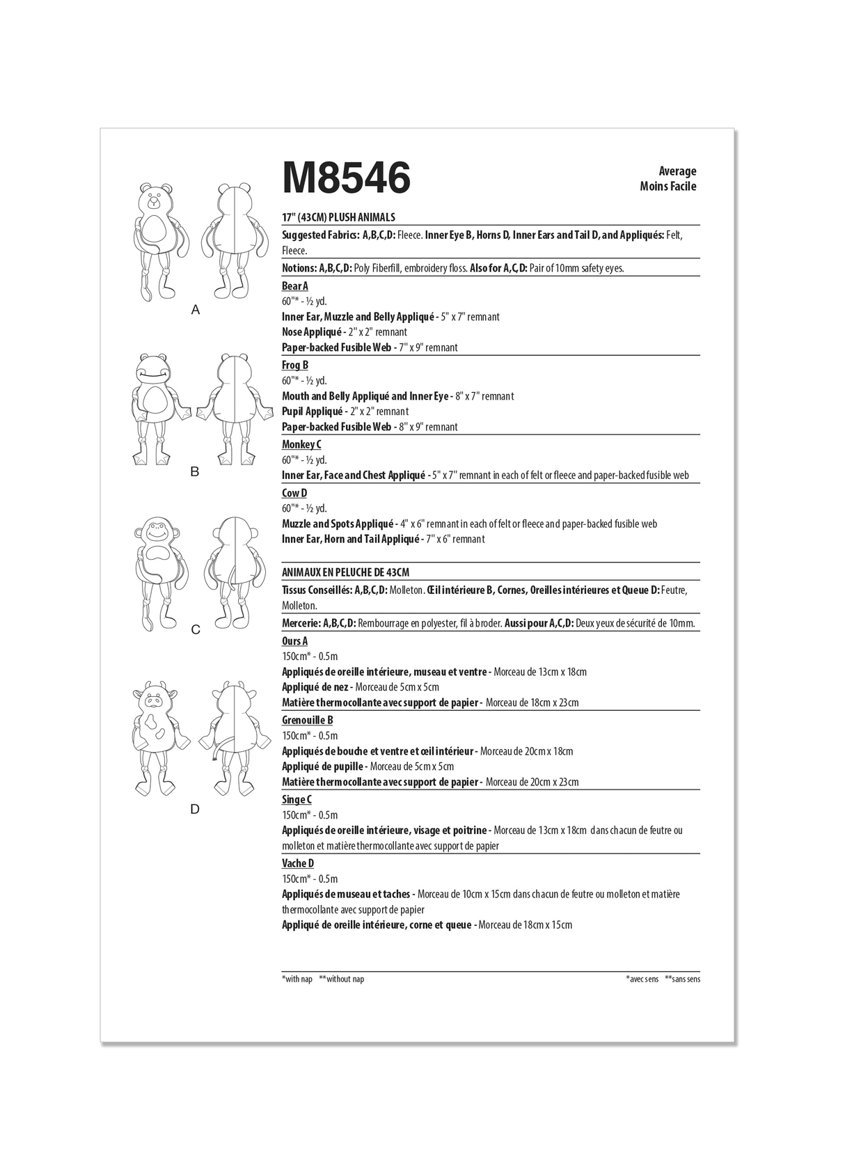 Patron McCall's n°8546 - Animaux en peluche de 43 cm