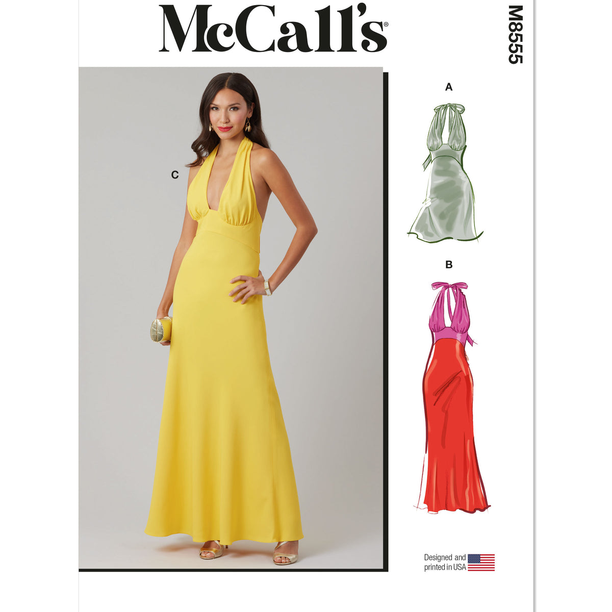 Patron McCall’s 8555 robe dos nu – style halter évasé – Coupons Couture