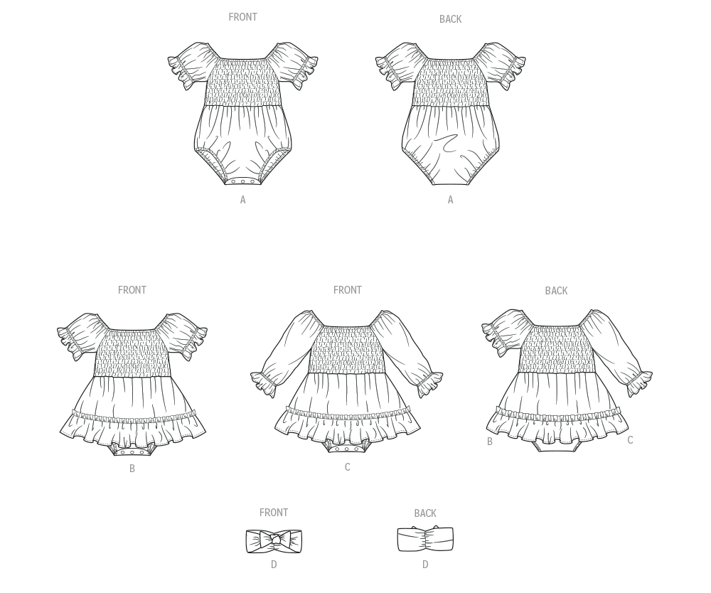 Patron McCall's n°8591 - Romper bébé, robe âgée ou bandeau assorti