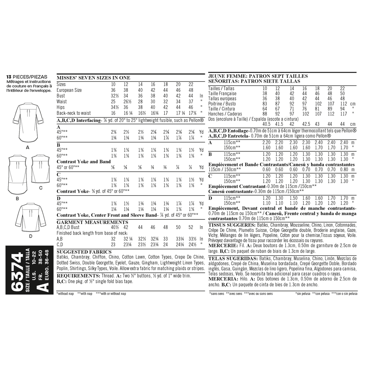 Patron New Look n°6374 – Chemisier féminin à variations multiples