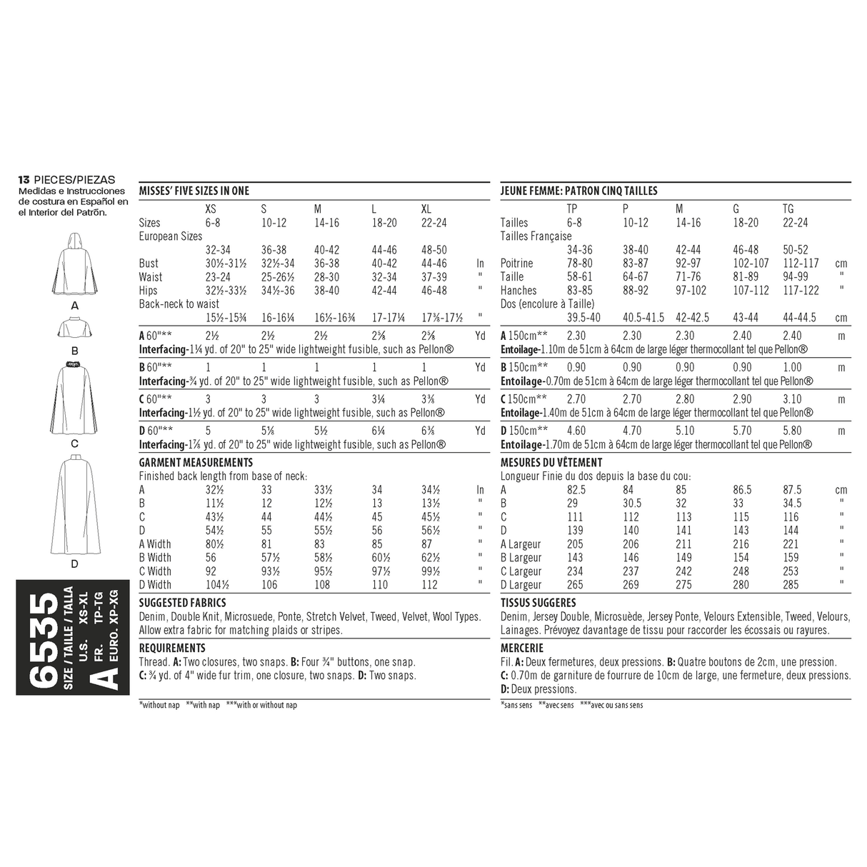 Patron New Look n°6535 – Capes et manteaux col montant