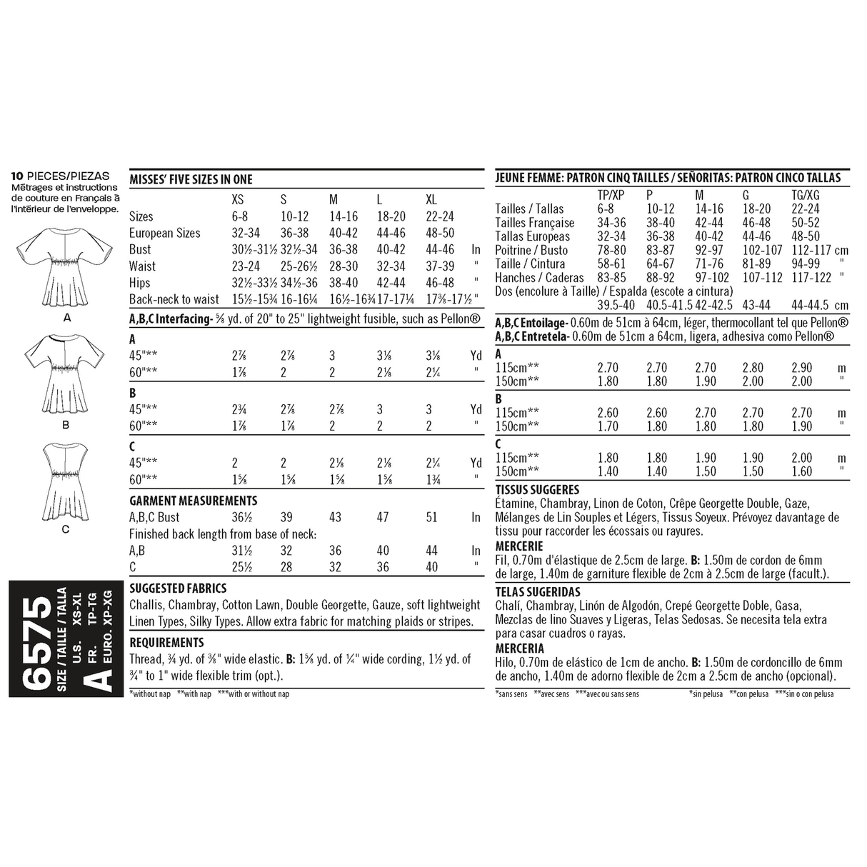 Patron New Look n°6575 – Tunique col V avec variations de manches