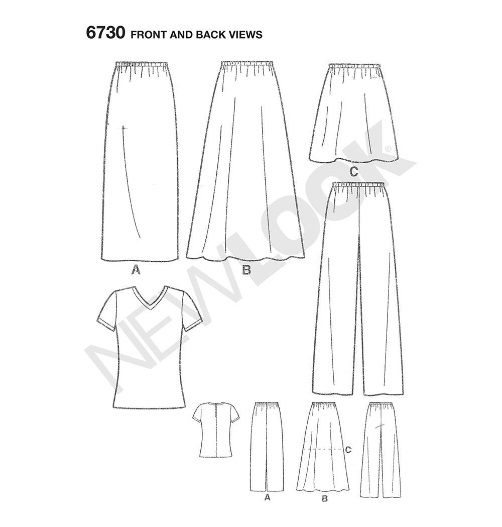 Patron New Look n°6730 - Ensemble jupe, pantalon et t-shirt pour femme