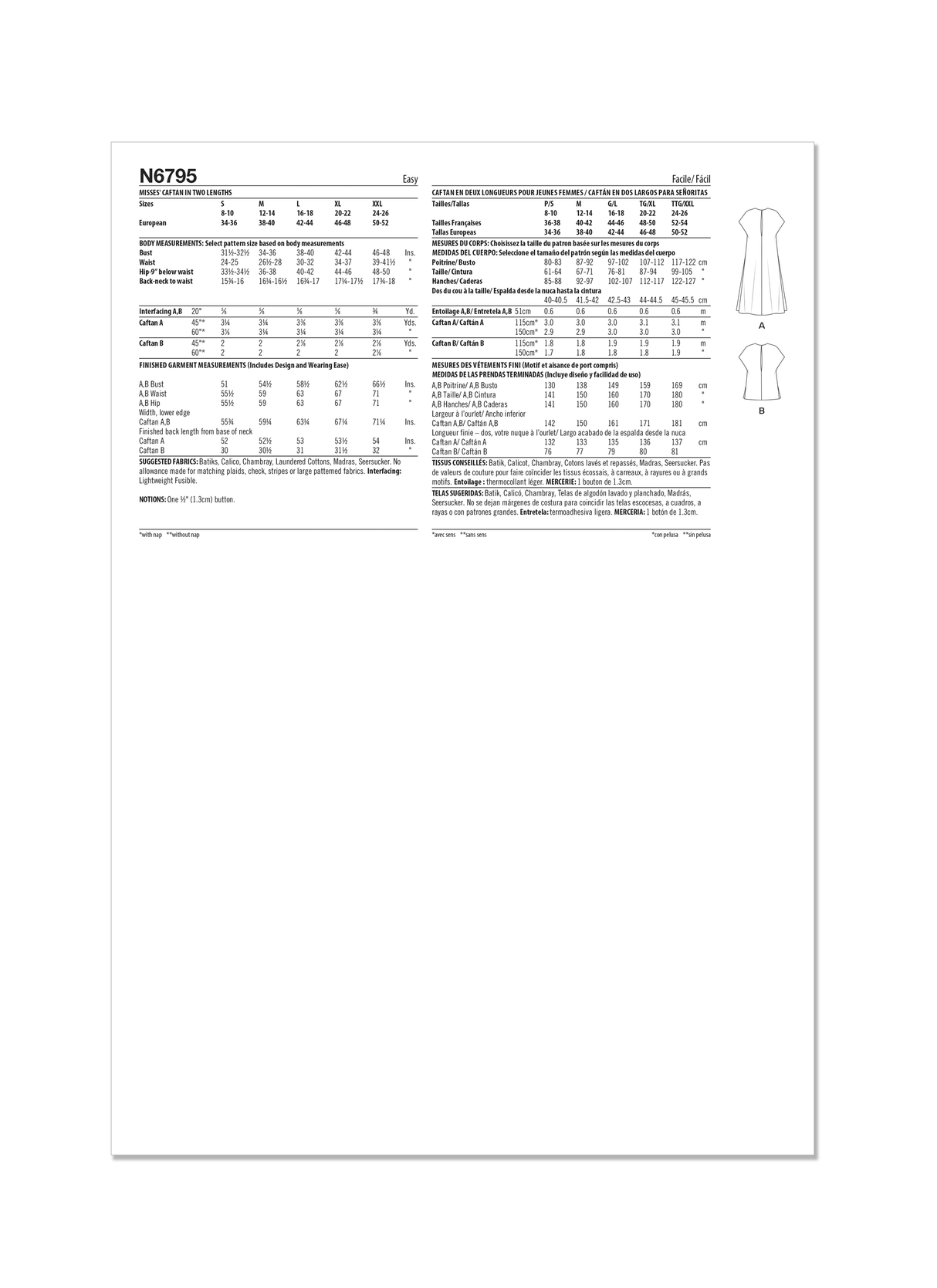 Patron New Look n°6795 – Caftan en deux longueurs
