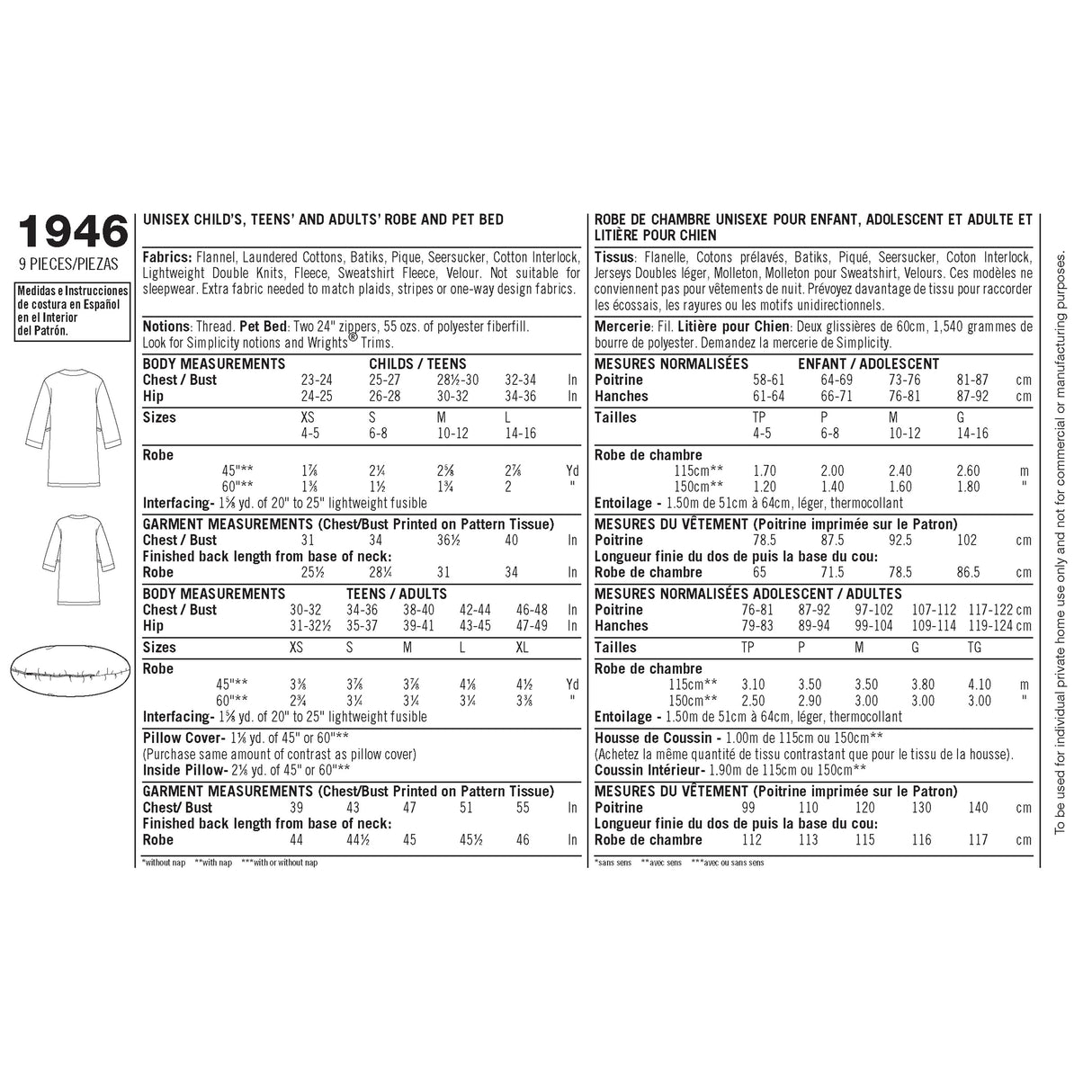 Patron Simplicity n°1946 – Peignoirs pour toute la famille