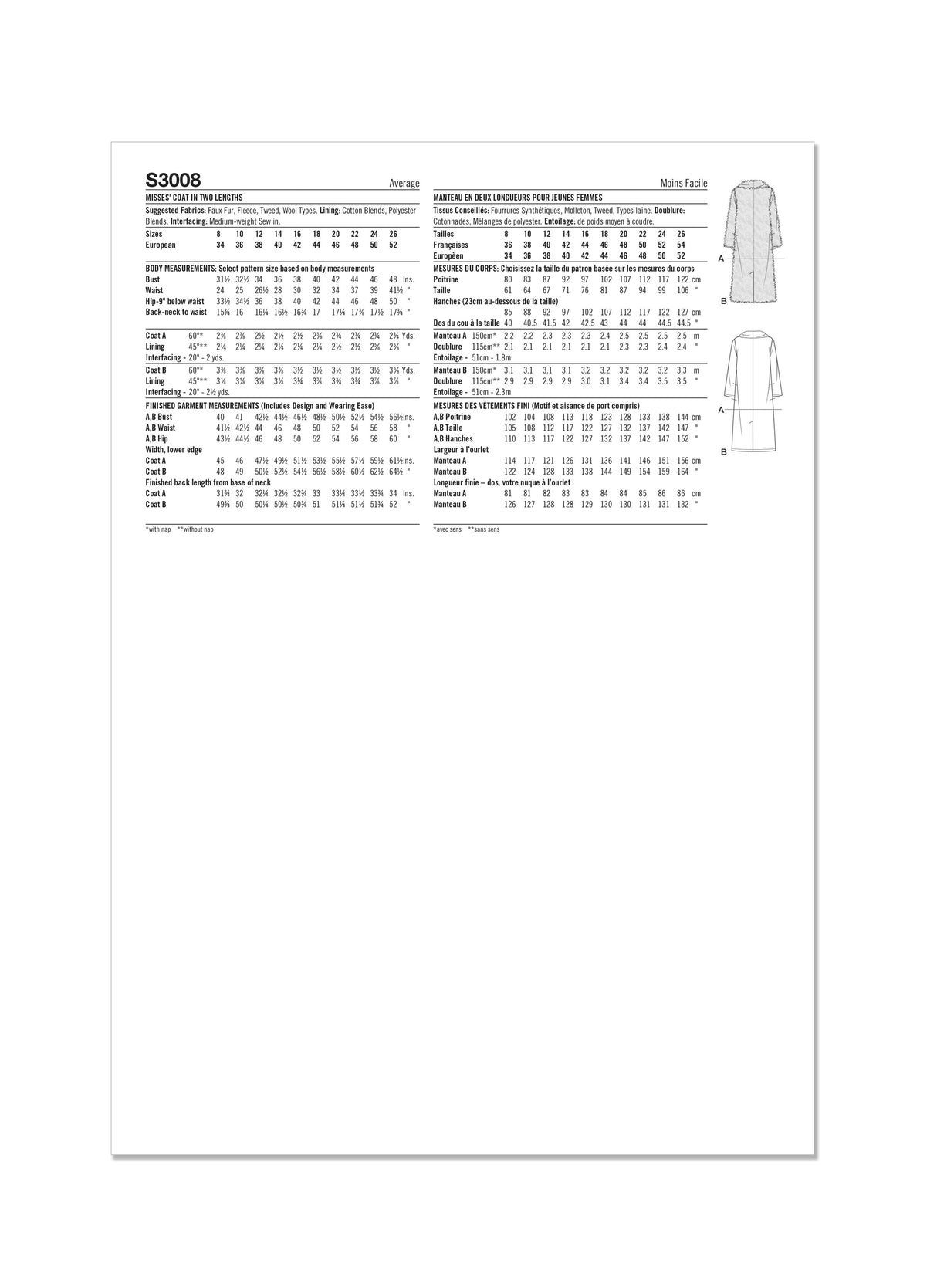Patron Simplicity n°3008 – Manteau doublé deux longueurs