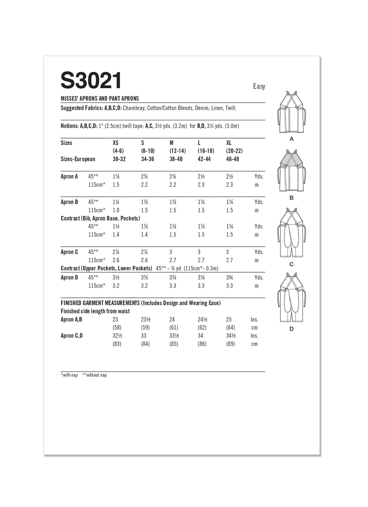 Patron Simplicity n°3021 - Tabliers & pantacourts mode