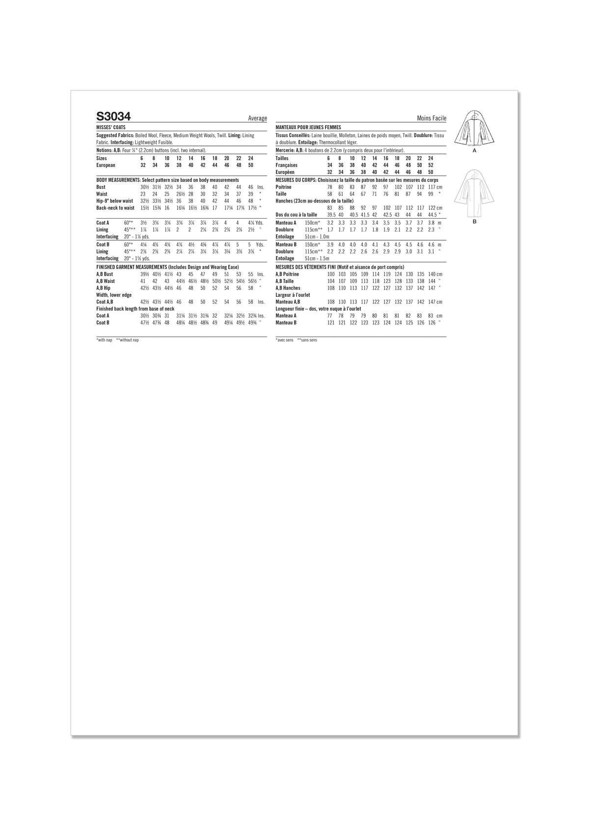 Patron Simplicity n°3034 – Manteau doublé col-écharpe