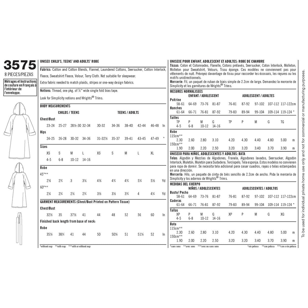 Patron Simplicity n°3575 – Robe de chambre pour toute la famille