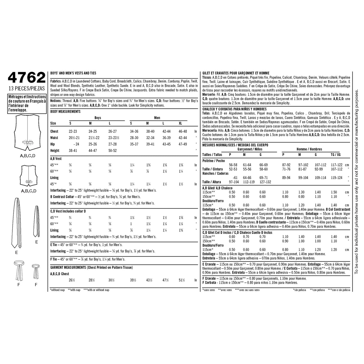Patron Simplicity n°4762 – Gilets et cravates pour homme et garçon