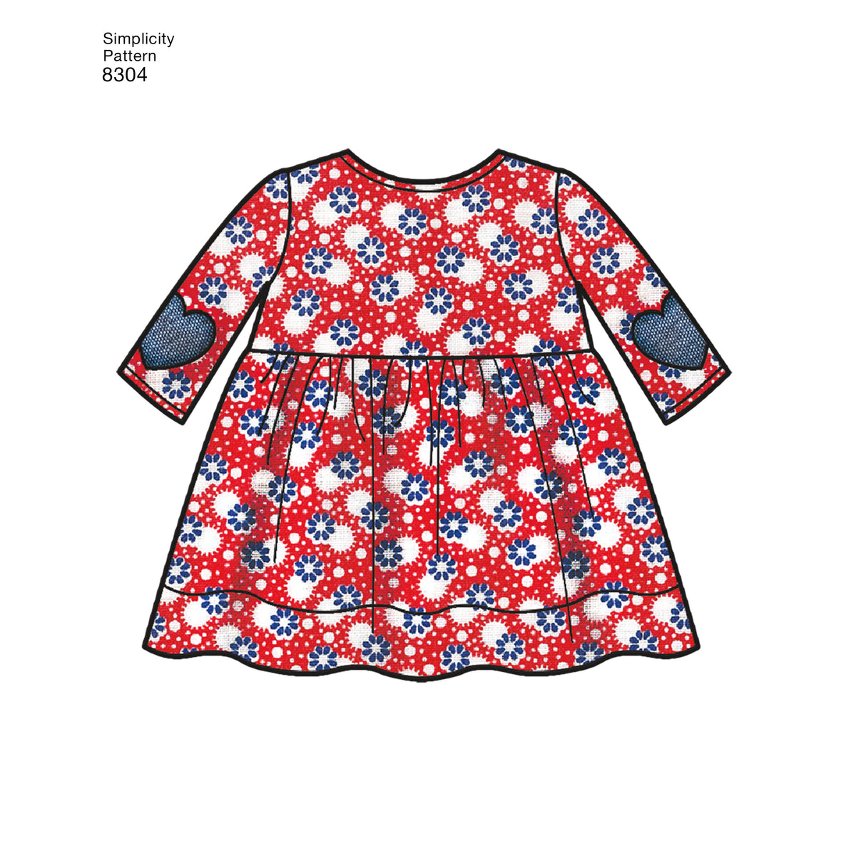 Robe enfant rouge à motifs floraux bleus et blancs, manches 3/4, bordure noire, imprimé Simplicity Pattern 8304.