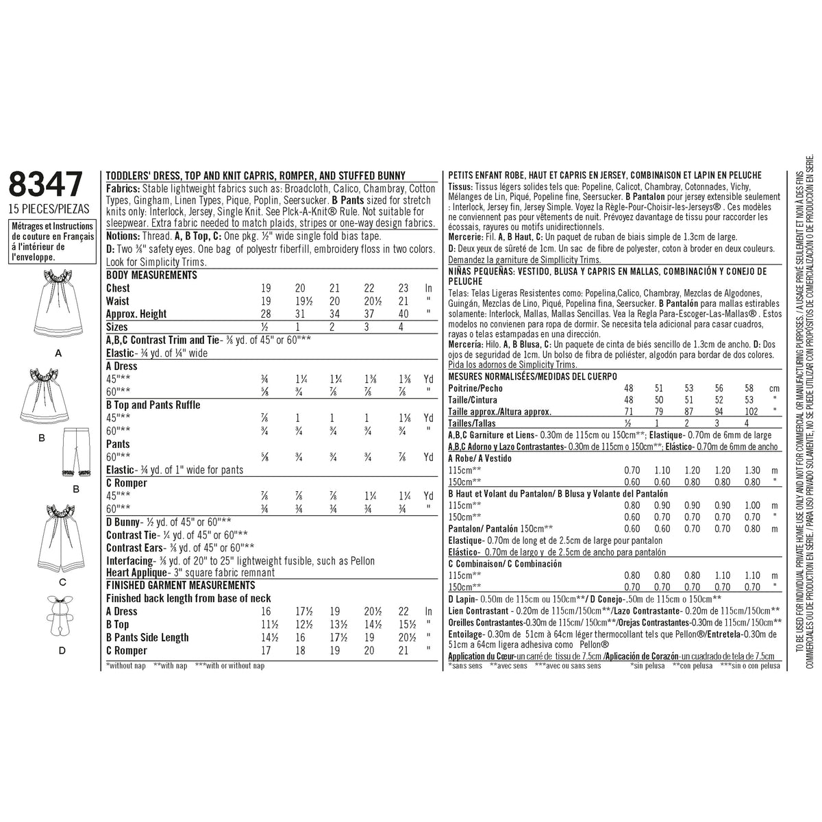 Guide des mesures et pièces, schéma de patrons pour robes/tops. Tableau de mensurations et instructions de coupe (A, B, C,