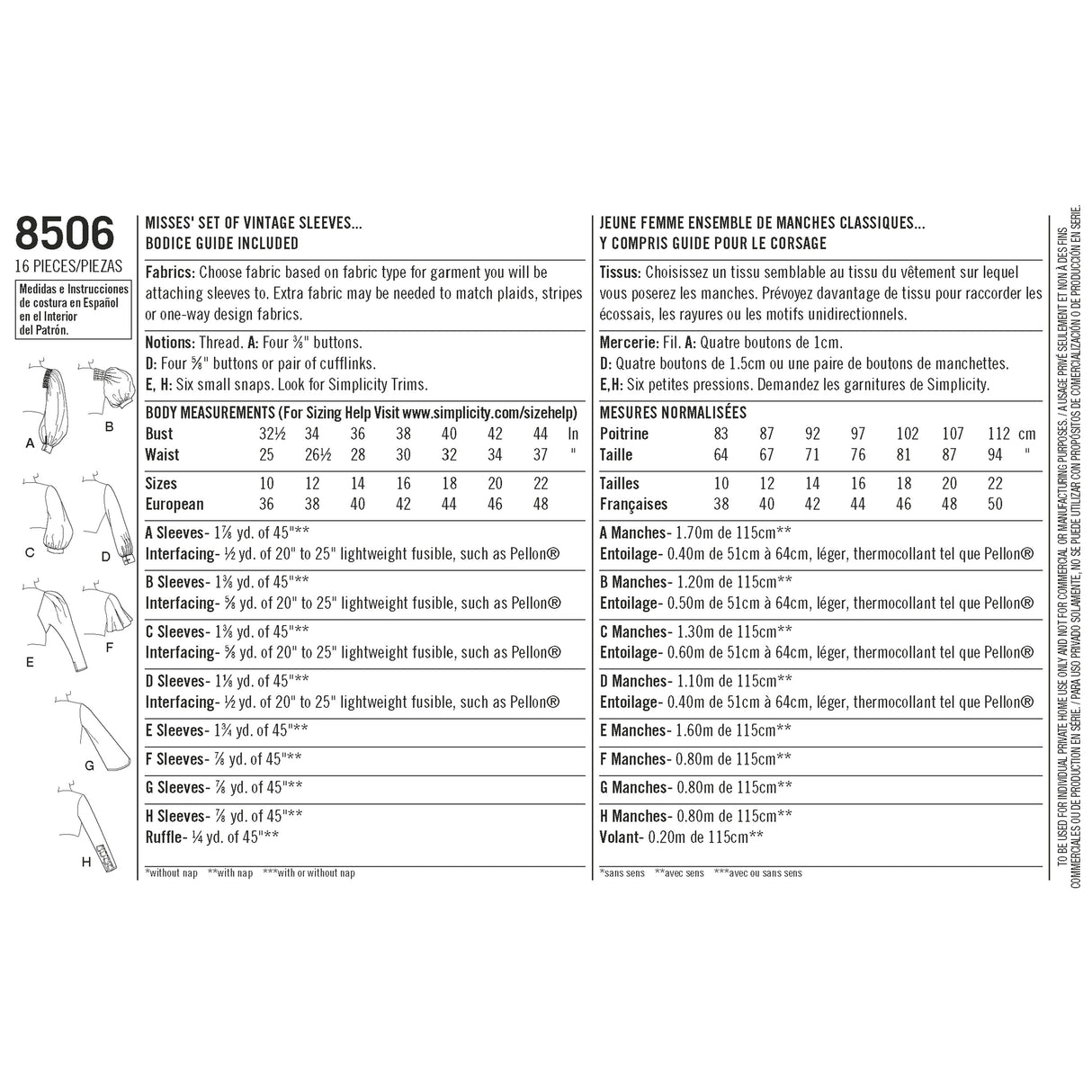 Patron Simplicity n°8506 – Ensemble de manches vintage