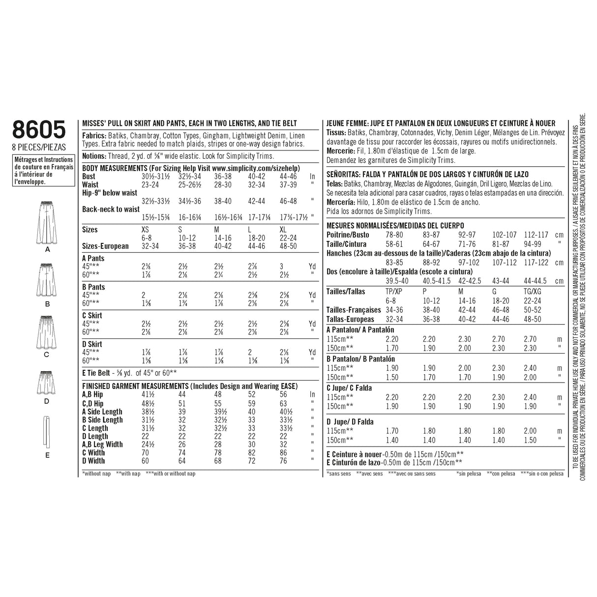 Patron Simplicity n°8605 - Jupe et pantalon amples pour femme
