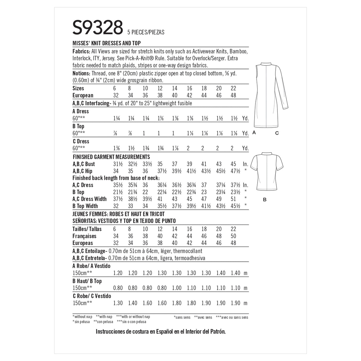 Patron Simplicity n°9328 – Robe et top en maille avec col montant et demi-zip