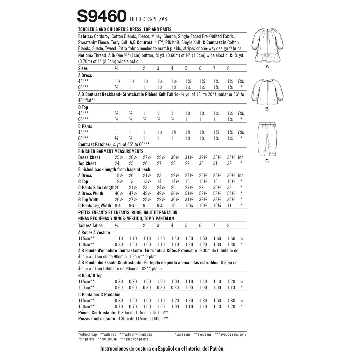 Patron Simplicity n°9460 – Robe, haut et pantalon pour enfants