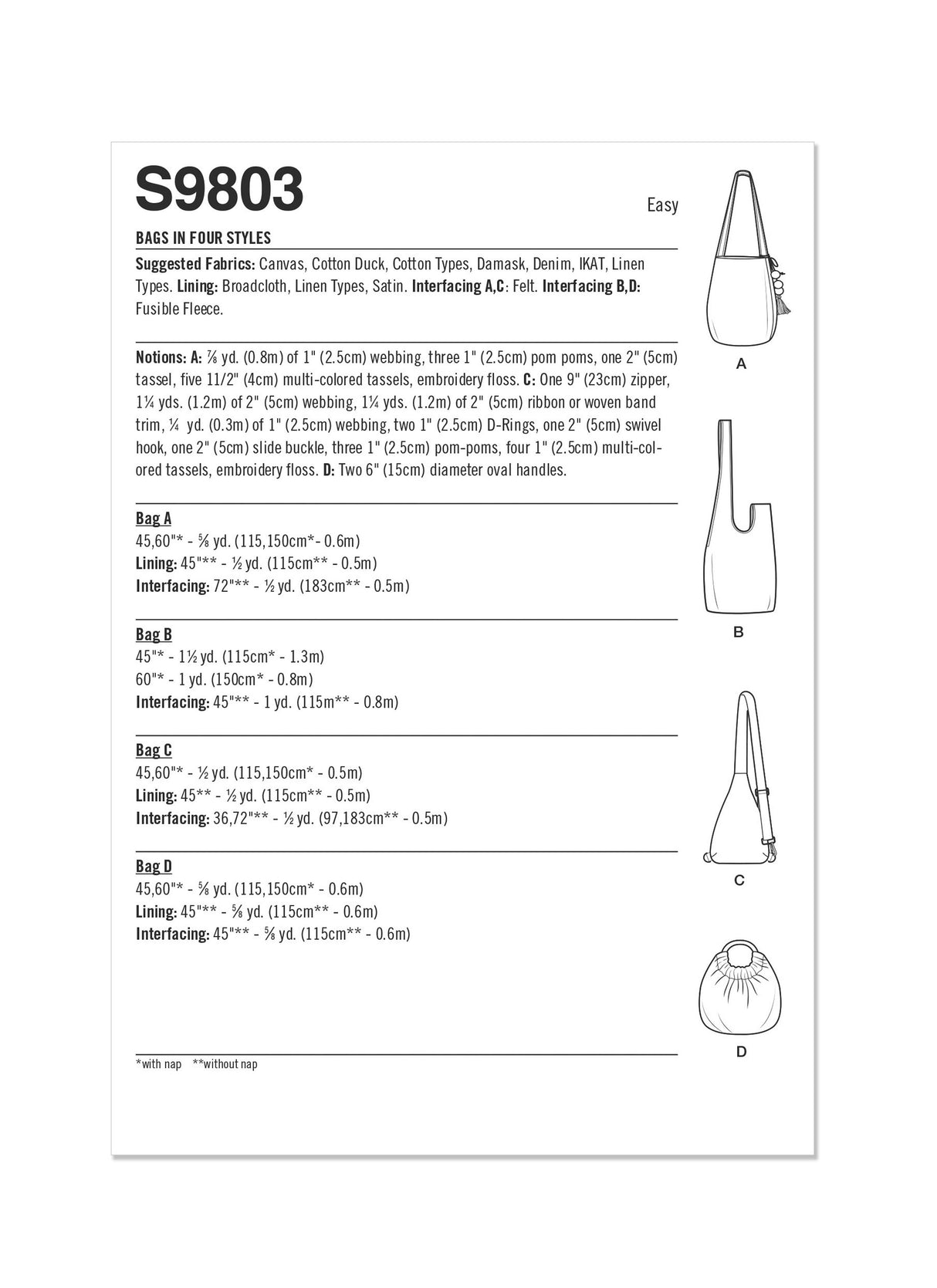 Patron Simplicity n°9803 – Sacs bohèmes en quatre styles