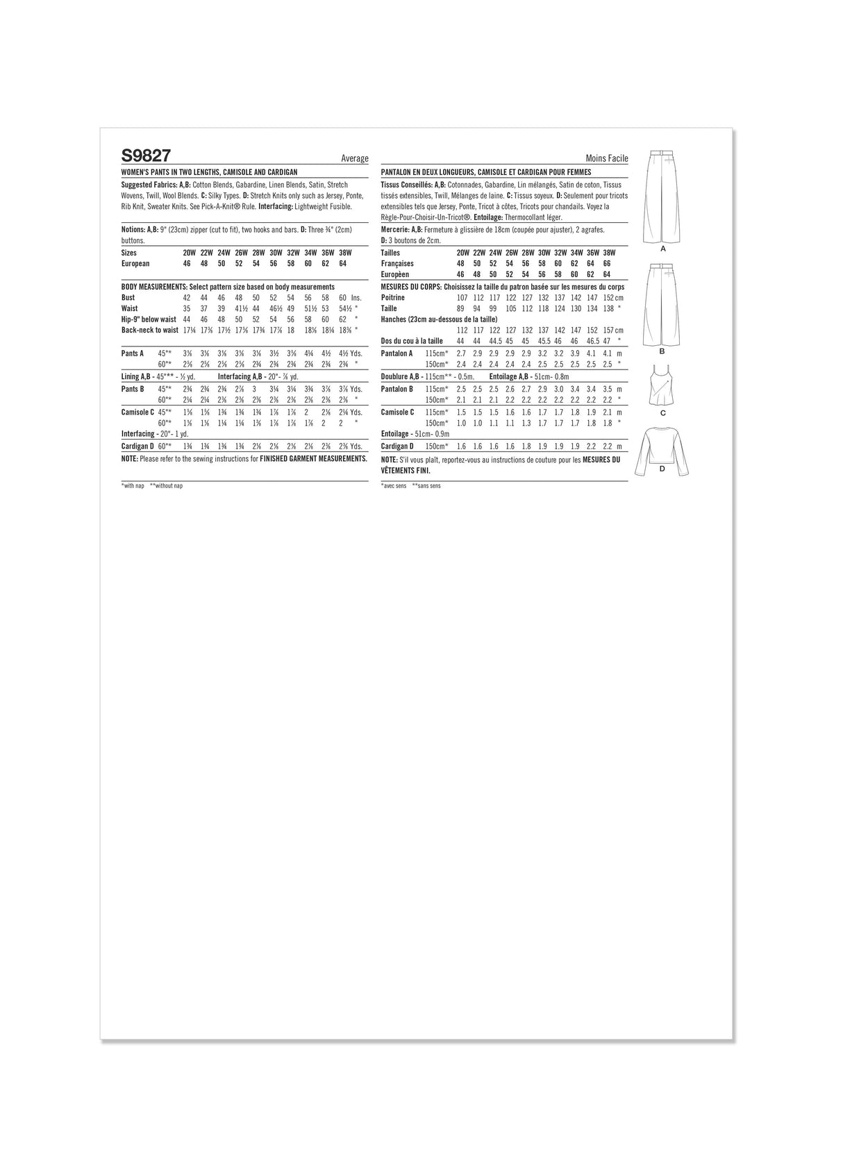 Patron Simplicity n°9827 – Pantalons en deux longueurs, caraco et cardigan pour femmes