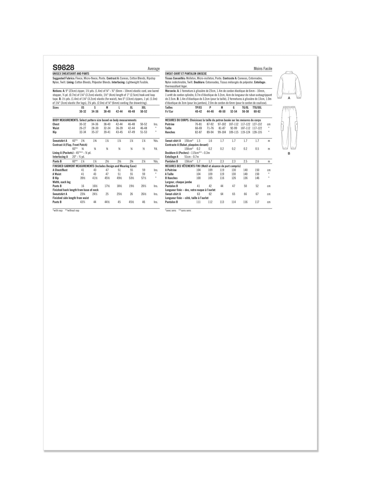 Patron Simplicity 9828 – Sweat zip & pantalon cargo unisexe