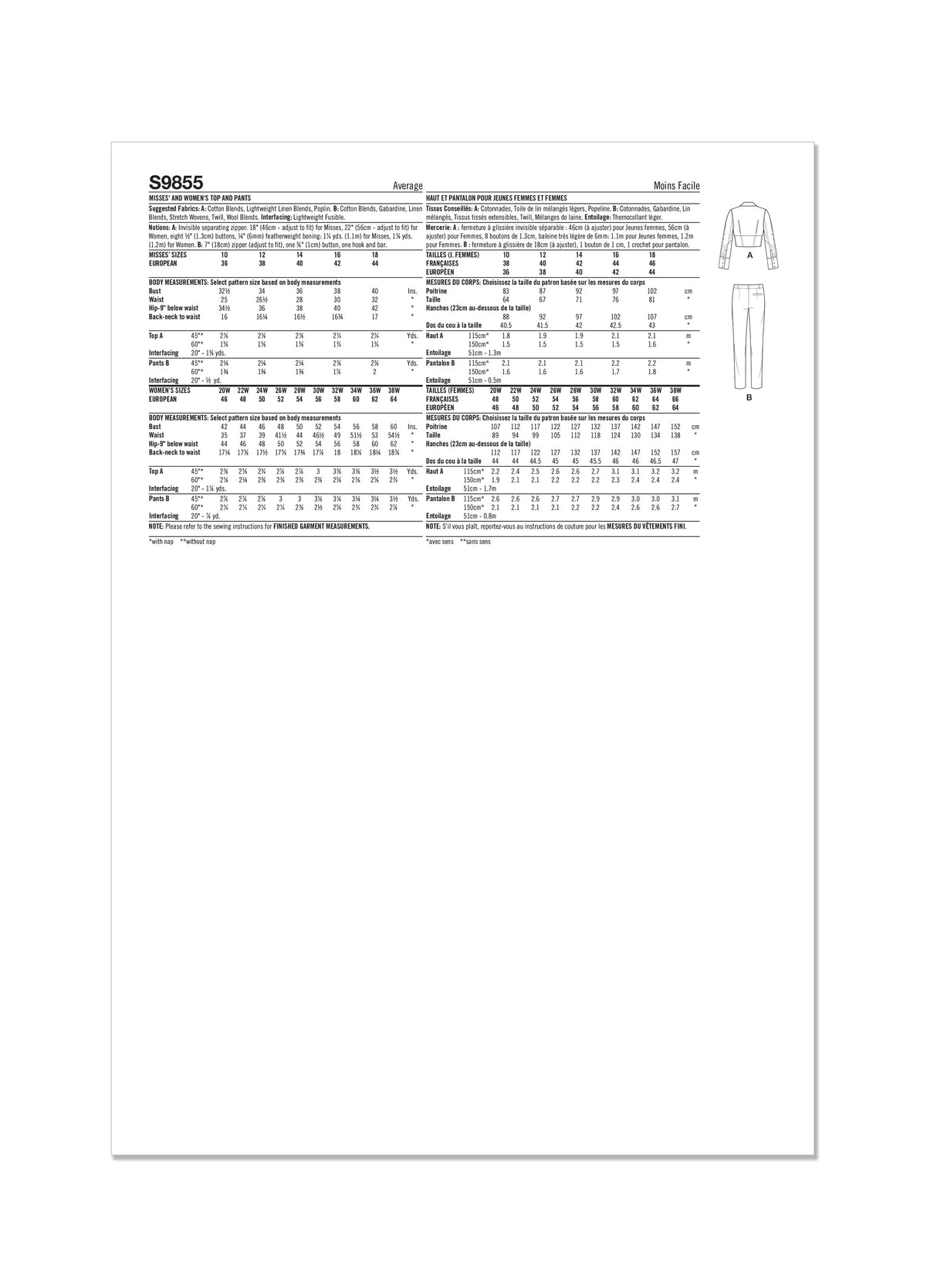 Patron Simplicity n°9855 – Haut et pantalon pour femmes