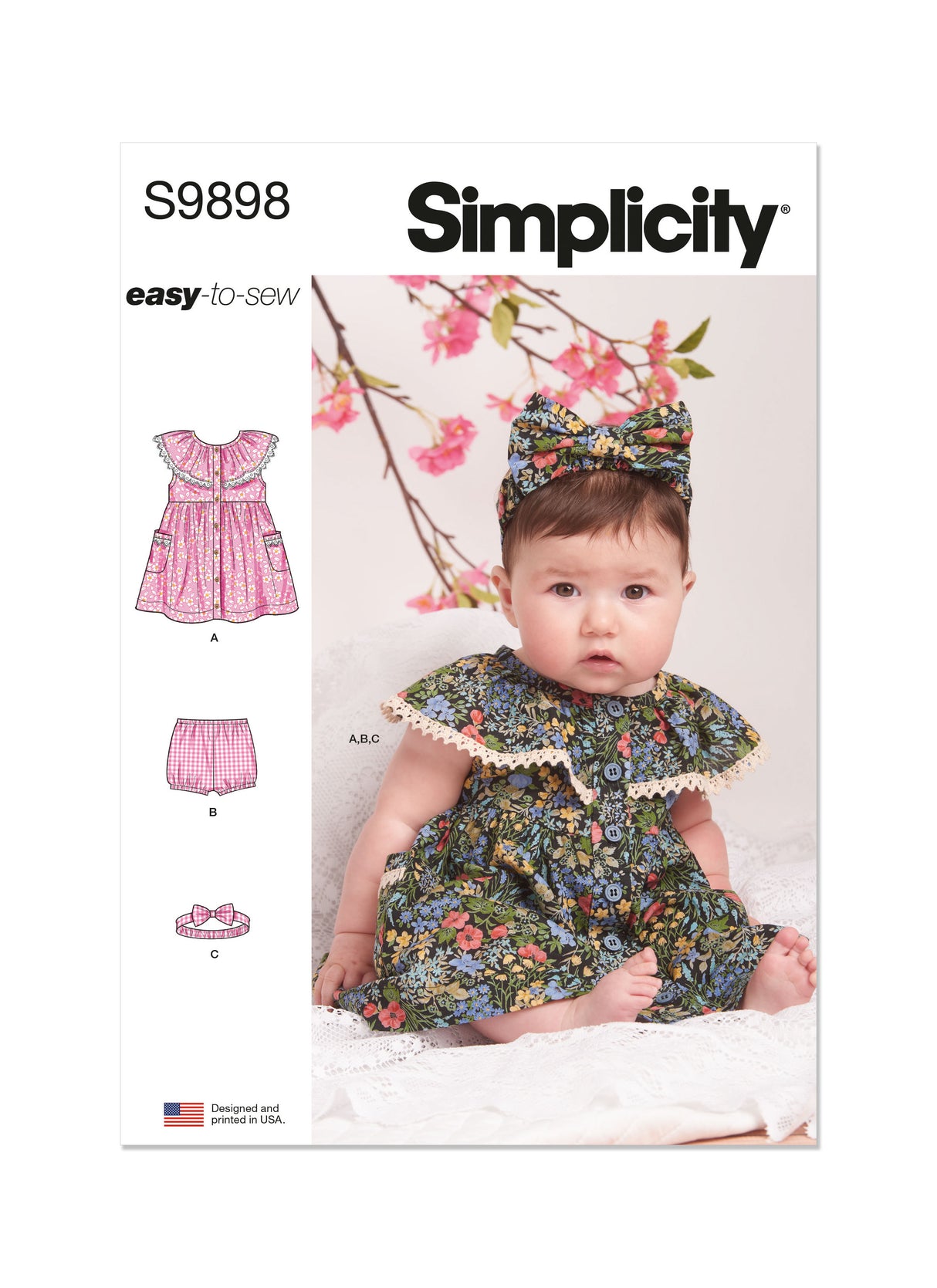 Patron Simplicity n°9898 – Robe bébé, bloomer et headband
