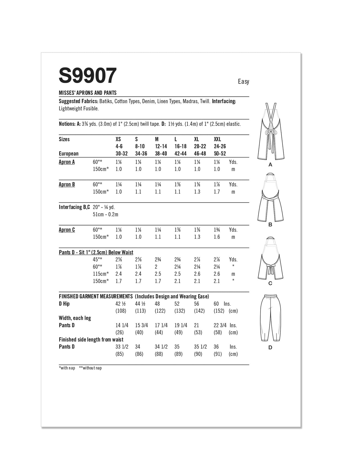 Patron Simplicity n°9907 – Tabliers en trois longueurs et pantalons lanternes