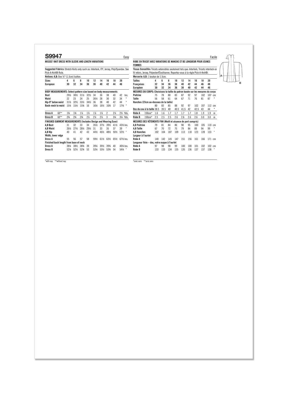 Patron Simplicity n°9947 – Robe portefeuille manches volantes ou sans manches