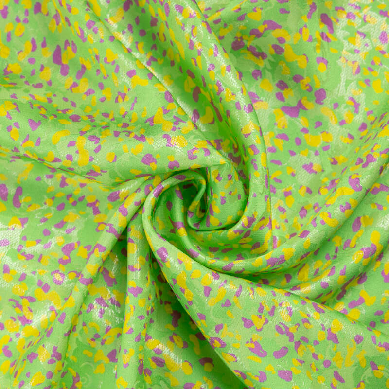 Satin de soie & lurex jacquard imprimé – Confettis multicolores sur vert anis