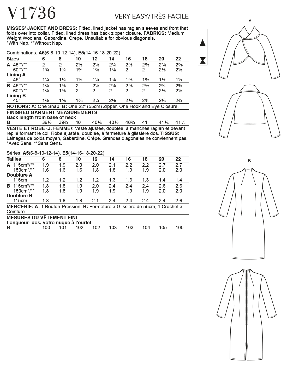 Patron Vogue n°1736 - Ensemble robe ajustée et veste doublée avec manches raglan