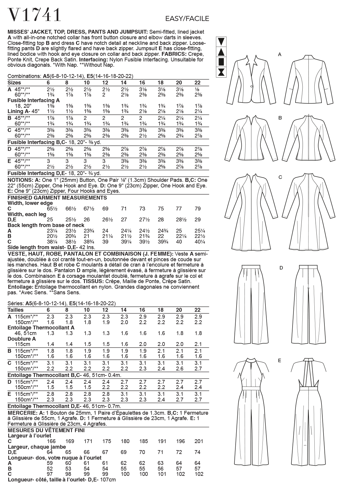 Patron Vogue n°1741 - Ensemble veste ajustée, haut, robe, pantalon large et combinaison
