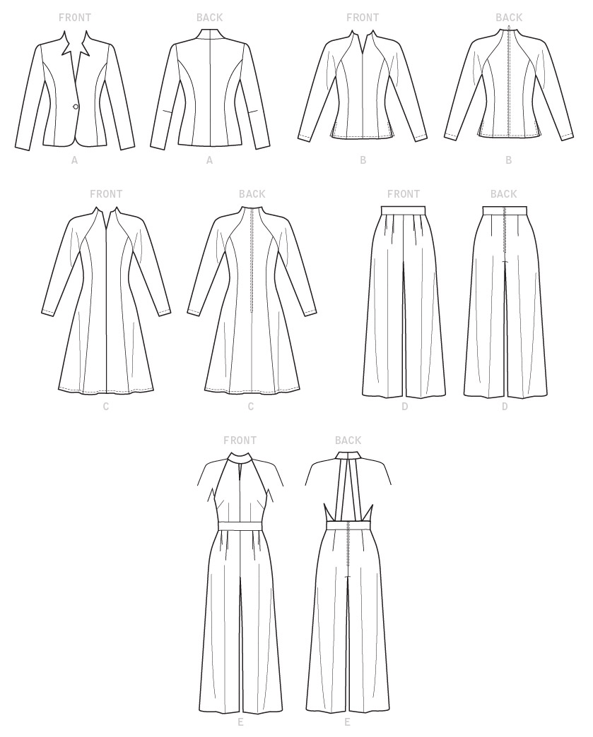Patron Vogue n°1741 - Ensemble veste ajustée, haut, robe, pantalon large et combinaison