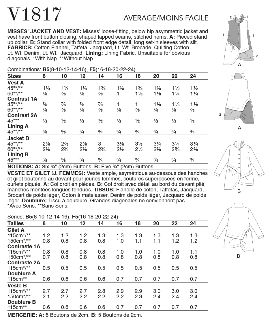 Patron Vogue n°1817 - Veste asymétrique avec col montant