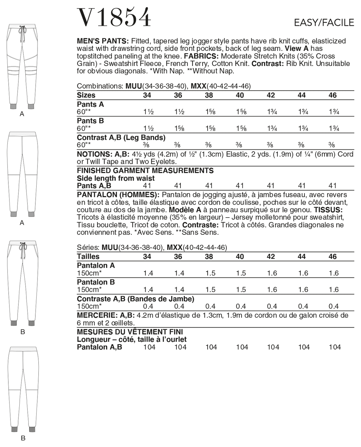 Patron Vogue n°1854 - Pantalon de jogging ajusté pour homme avec détails surpiqués