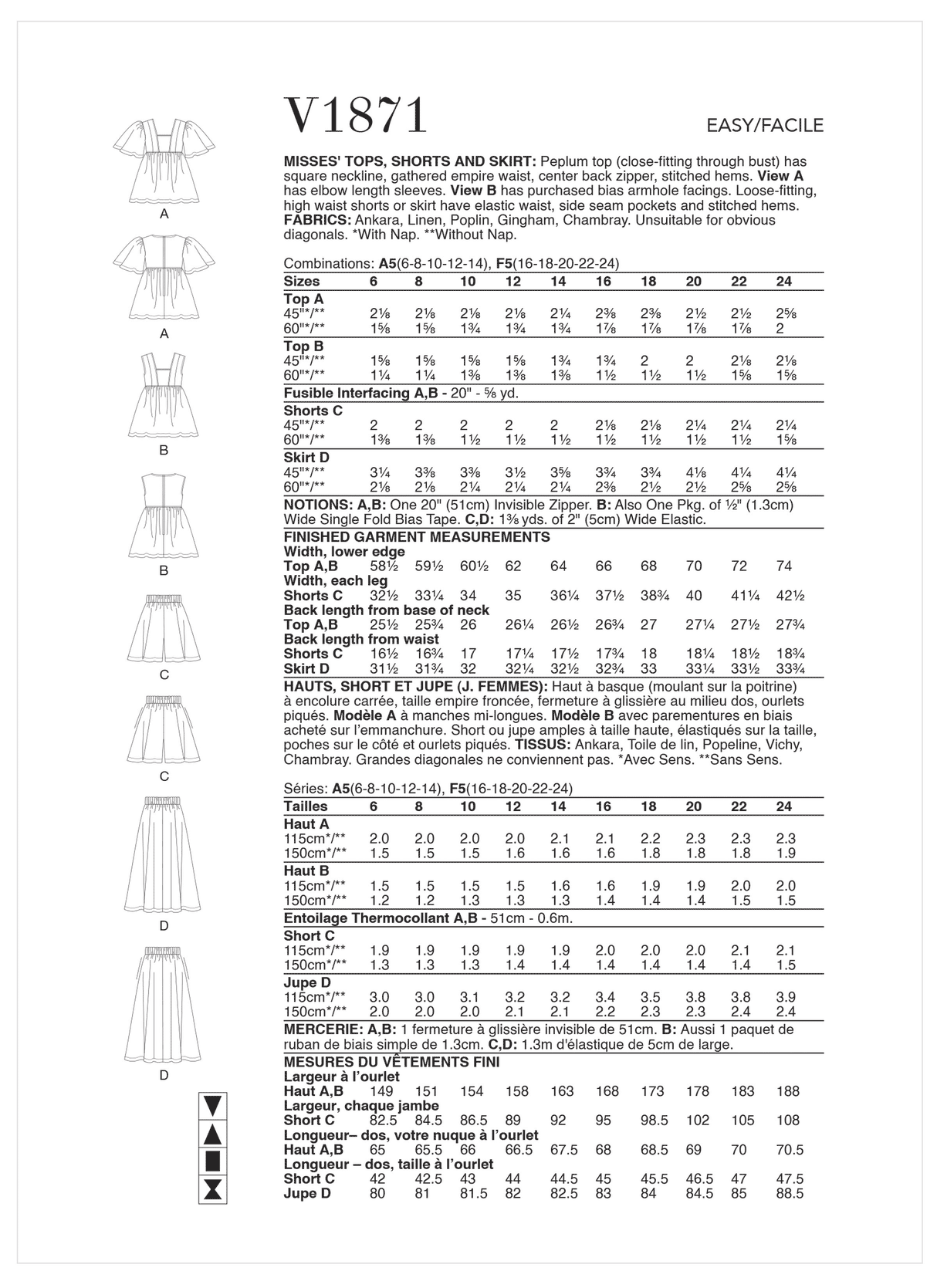 Patron Vogue n°1871 - Ensemble top, short et jupe pour femme