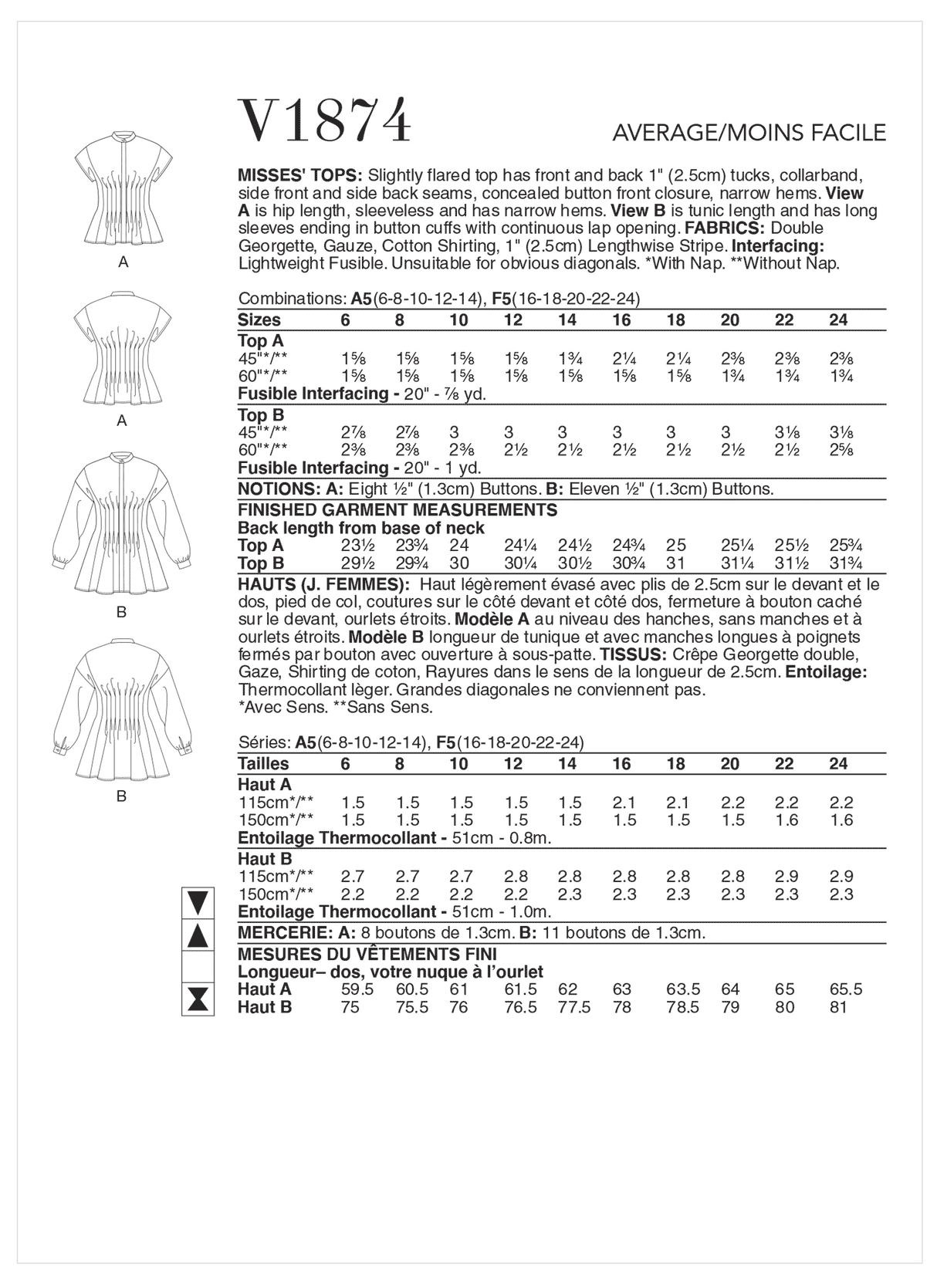Patron Vogue n°1874 - Top avec plis piqués à la taille