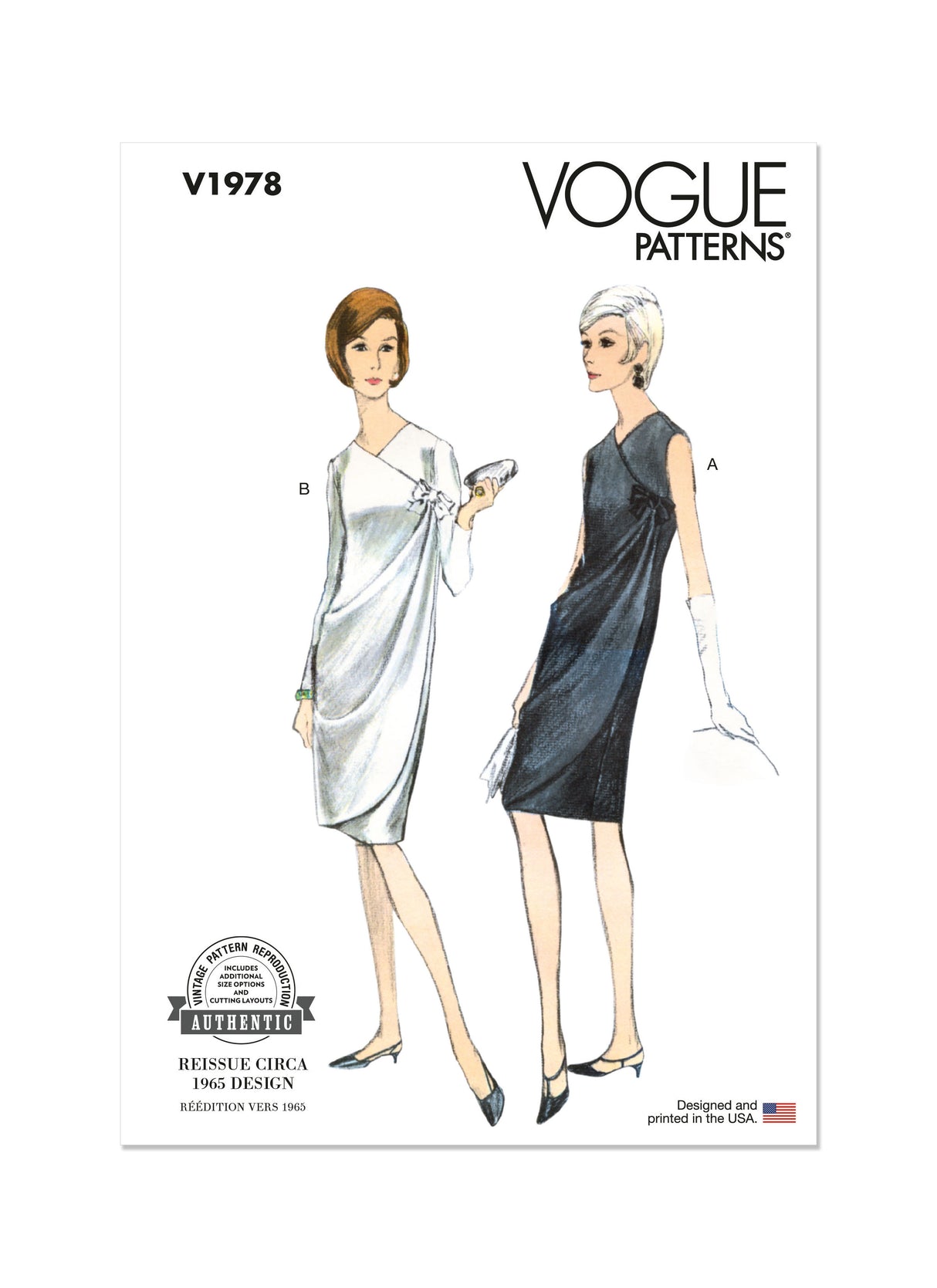 Patron Vogue n°1978 - Robe droite vintage avec fermeture drapée et nœud